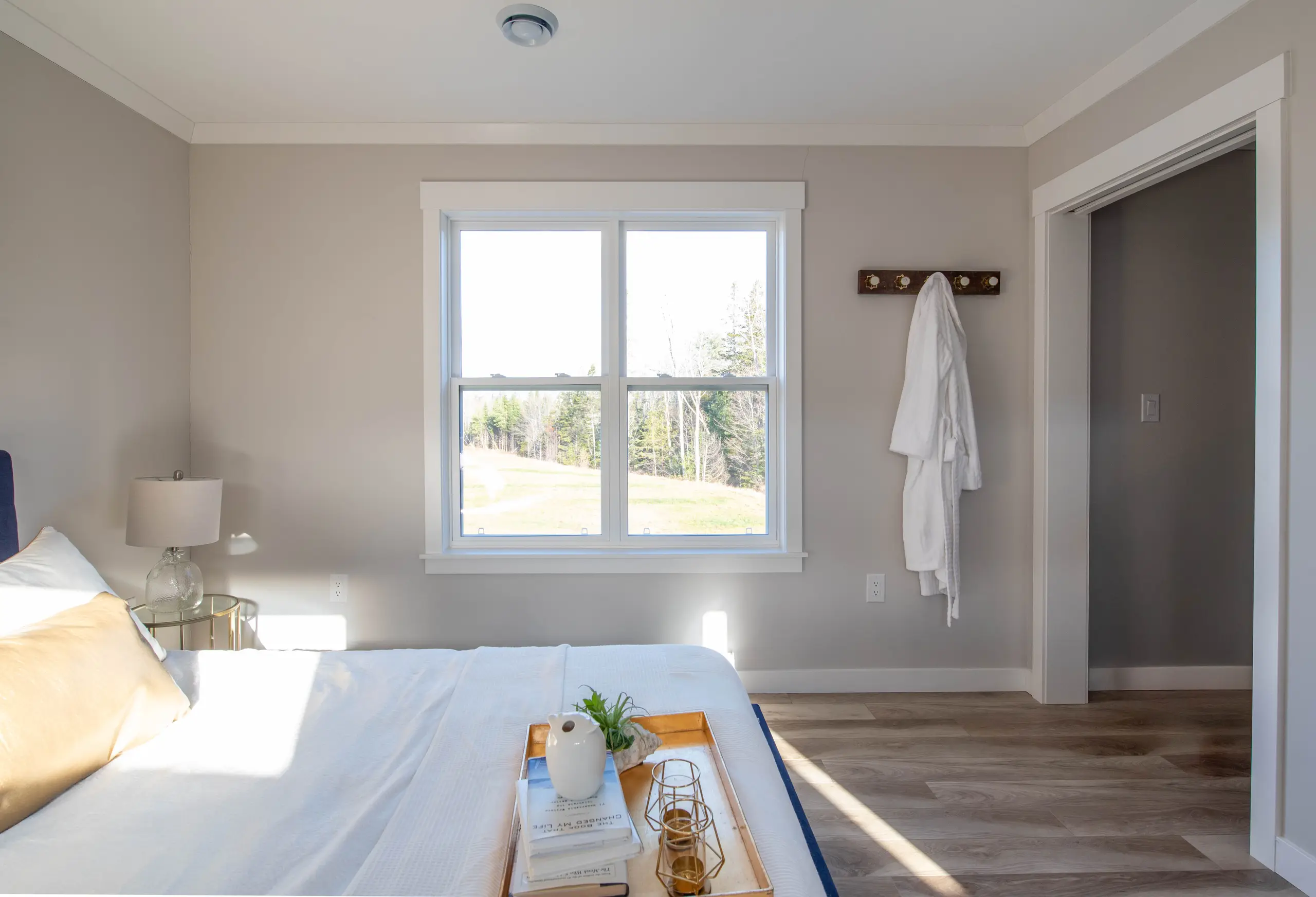 Bright bedroom corner with a large window, white trim, bedside table, and access to a walk-in closet. 