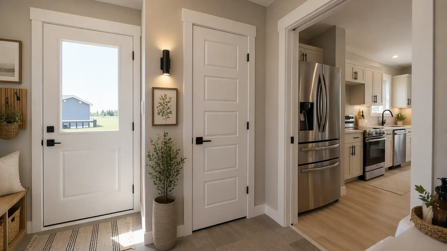 Mudroom entry area with a white door and window, a hallway closet door, and a potted plant, with a view into a modern kitchen featuring stainless steel appliances and white cabinetry. 