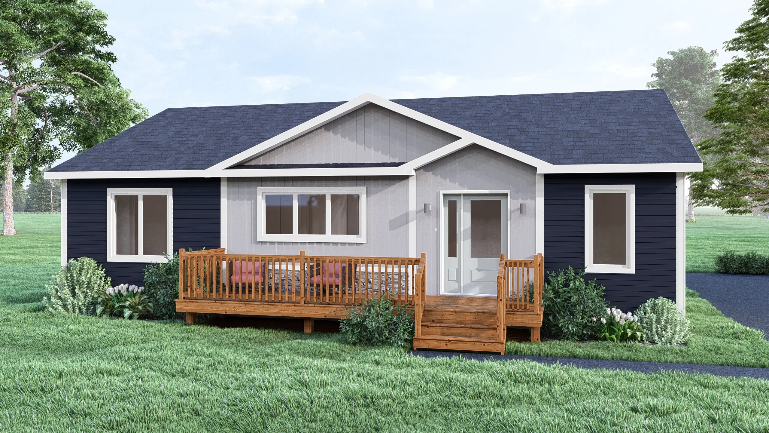 Contemporary bungalow with a covered front entry, spacious wood deck, contrasting grey and navy siding, and landscaped garden beds. 