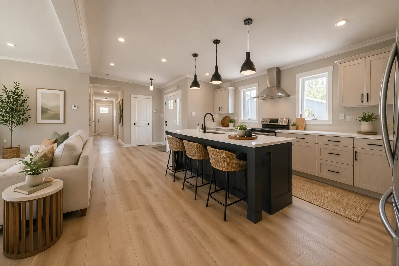 Open-concept kitchen featuring light wood cabinetry, a large black island with seating, stainless steel appliances, and modern pendant lighting. 