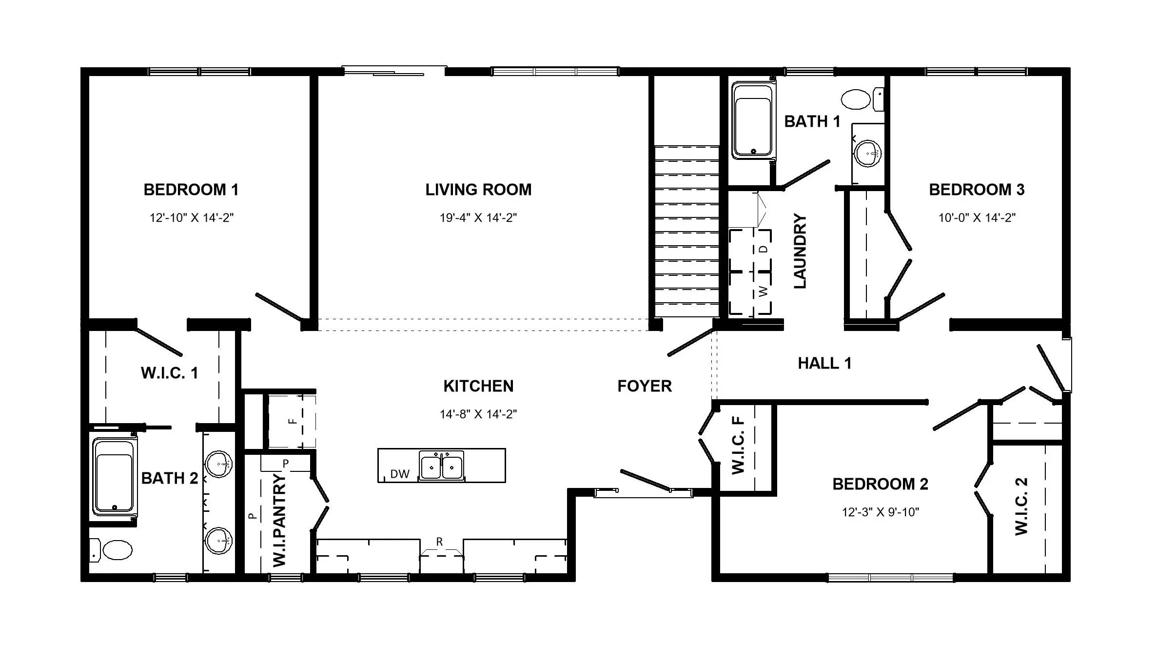 Floor plan of the Mariner modular home, including designated space for a basement stairwell. 