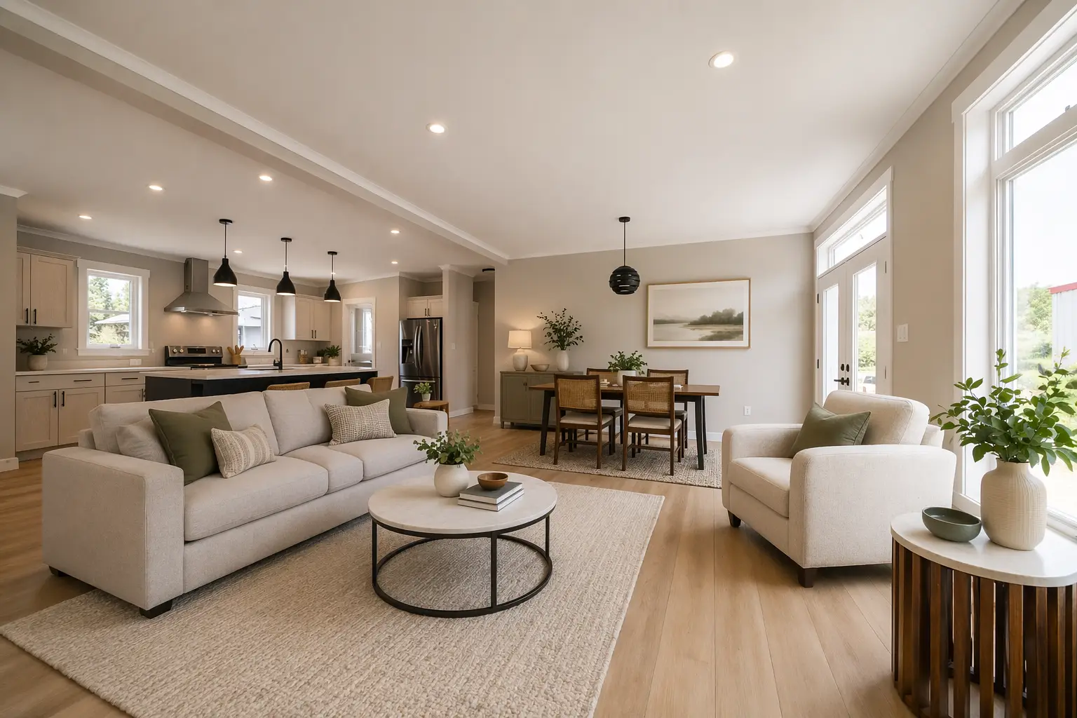 Spacious open-concept living and dining space with neutral furnishings, large windows, and seamless flow into the kitchen. 