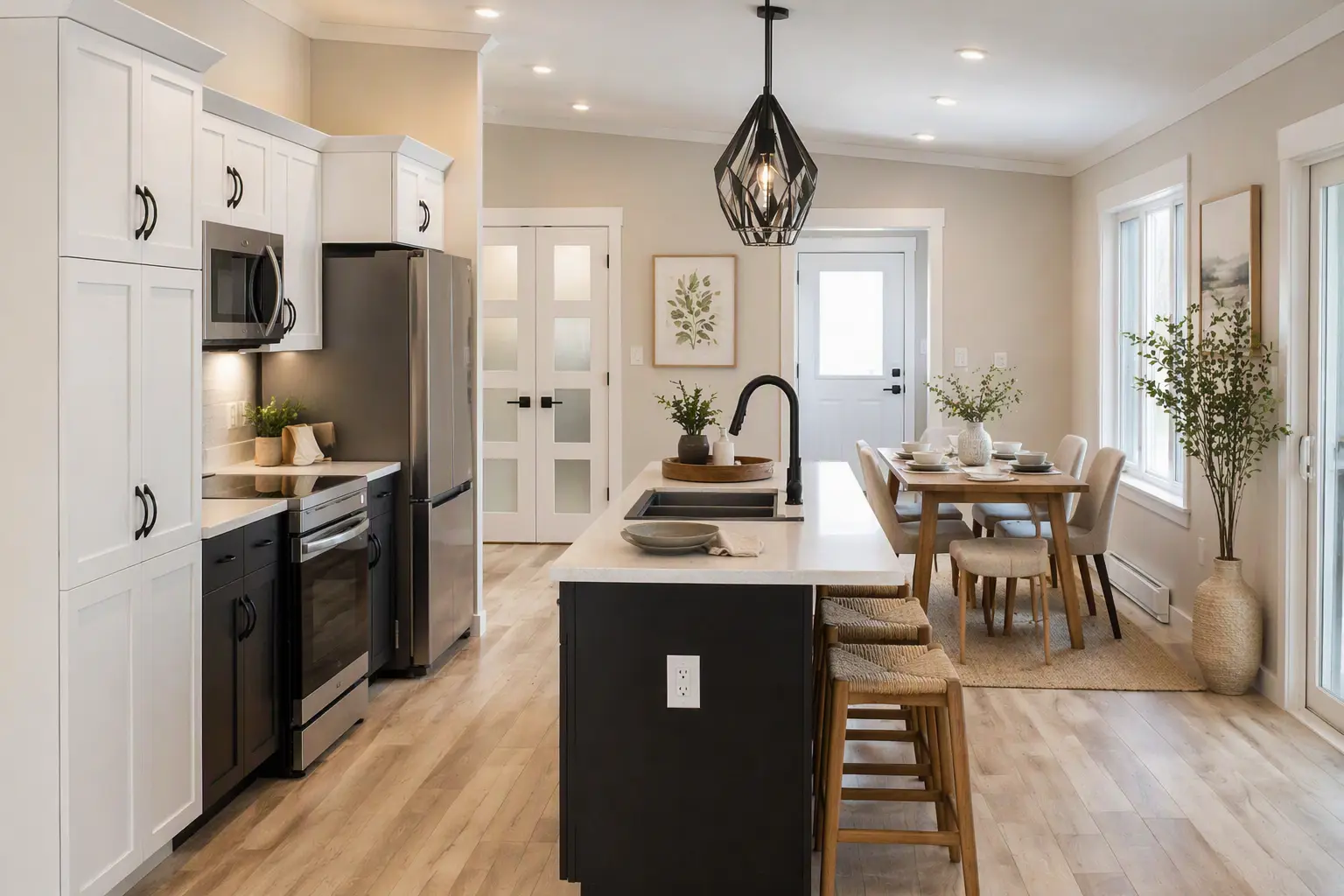 Bright open-concept kitchen and dining area featuring a large island with seating, white cabinetry, black accents, stainless steel appliances, and a dining table beside oversized windows. 
