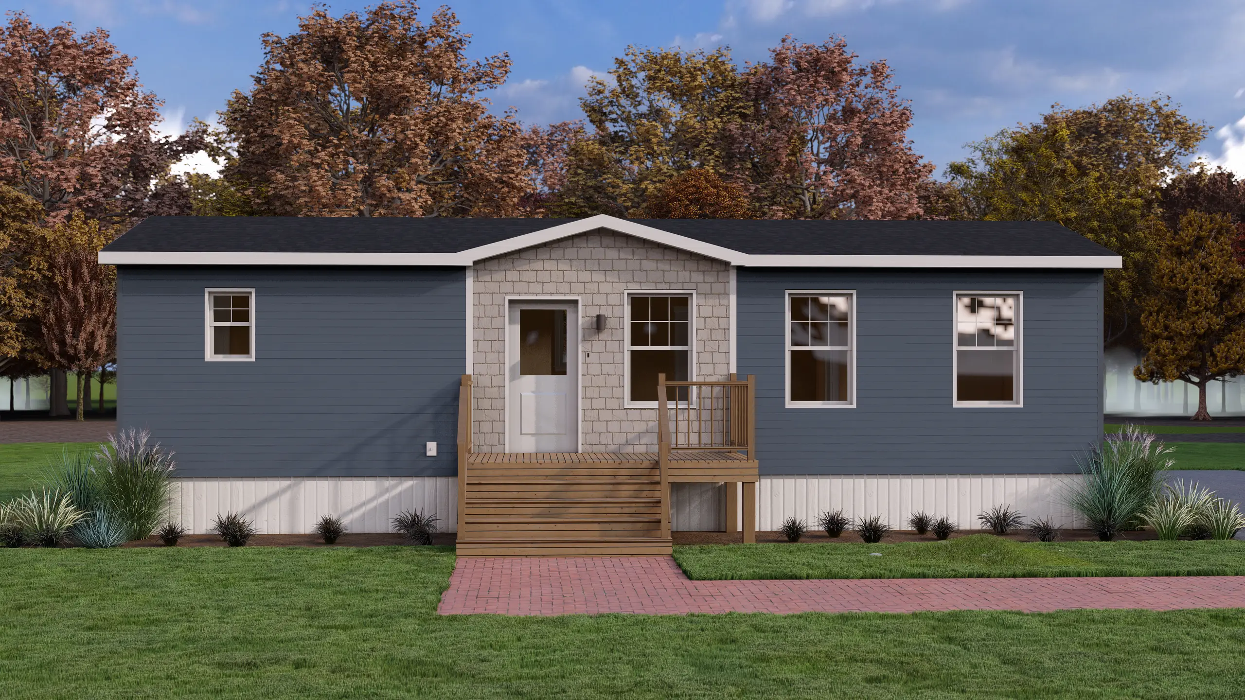 Front elevation of a modern mini home with blue exterior siding, contrasting stone-look accent façade, raised entry deck, and symmetrical windows. 