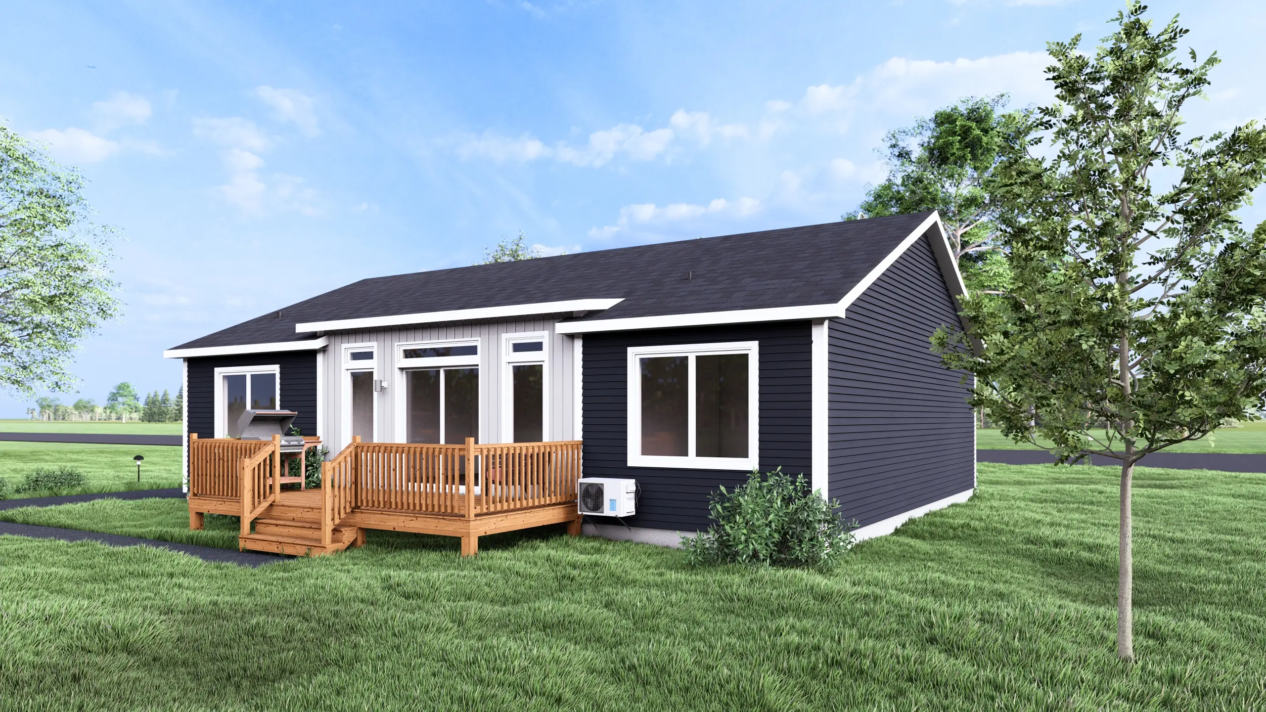 Angled rear view of a bungalow with a raised wood deck, expansive windows, outdoor entertaining space, and mature trees in the surrounding landscape. 