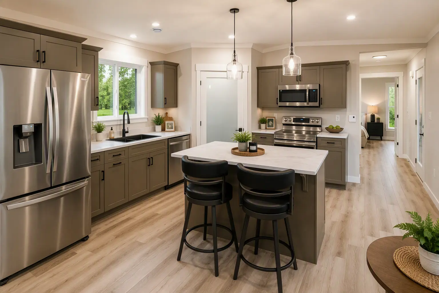 Modern kitchen featuring grey shaker cabinets, a central island with seating, stainless steel appliances, pendant lighting, and yard views through the windows. 