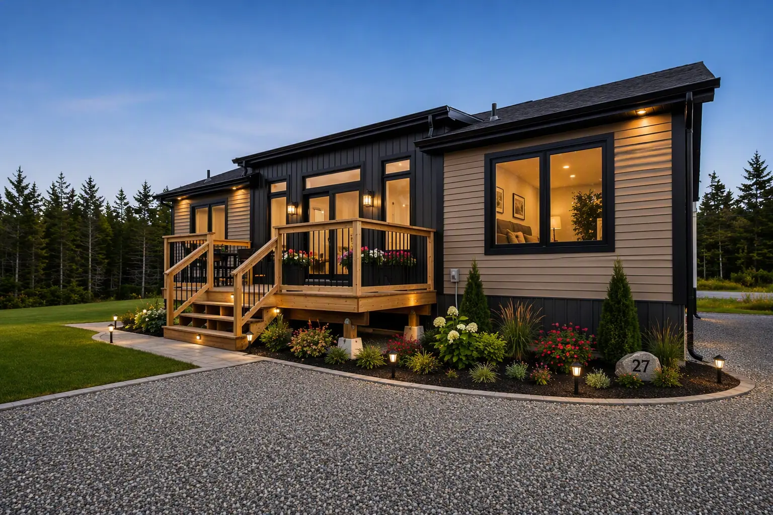 Modern bungalow illuminated at dusk with a welcoming front deck, landscaped gardens, exterior lighting, and large windows showcasing the interior. 