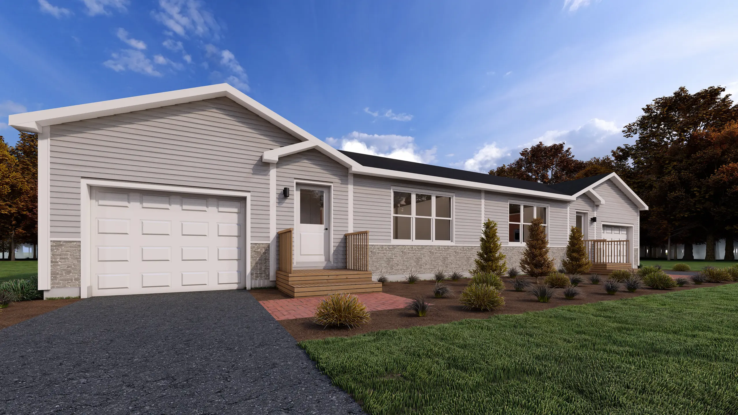 Contemporary duplex-style residential building with attached garages, private entrances, light-colored siding, stone accents, and landscaped front garden beds. 