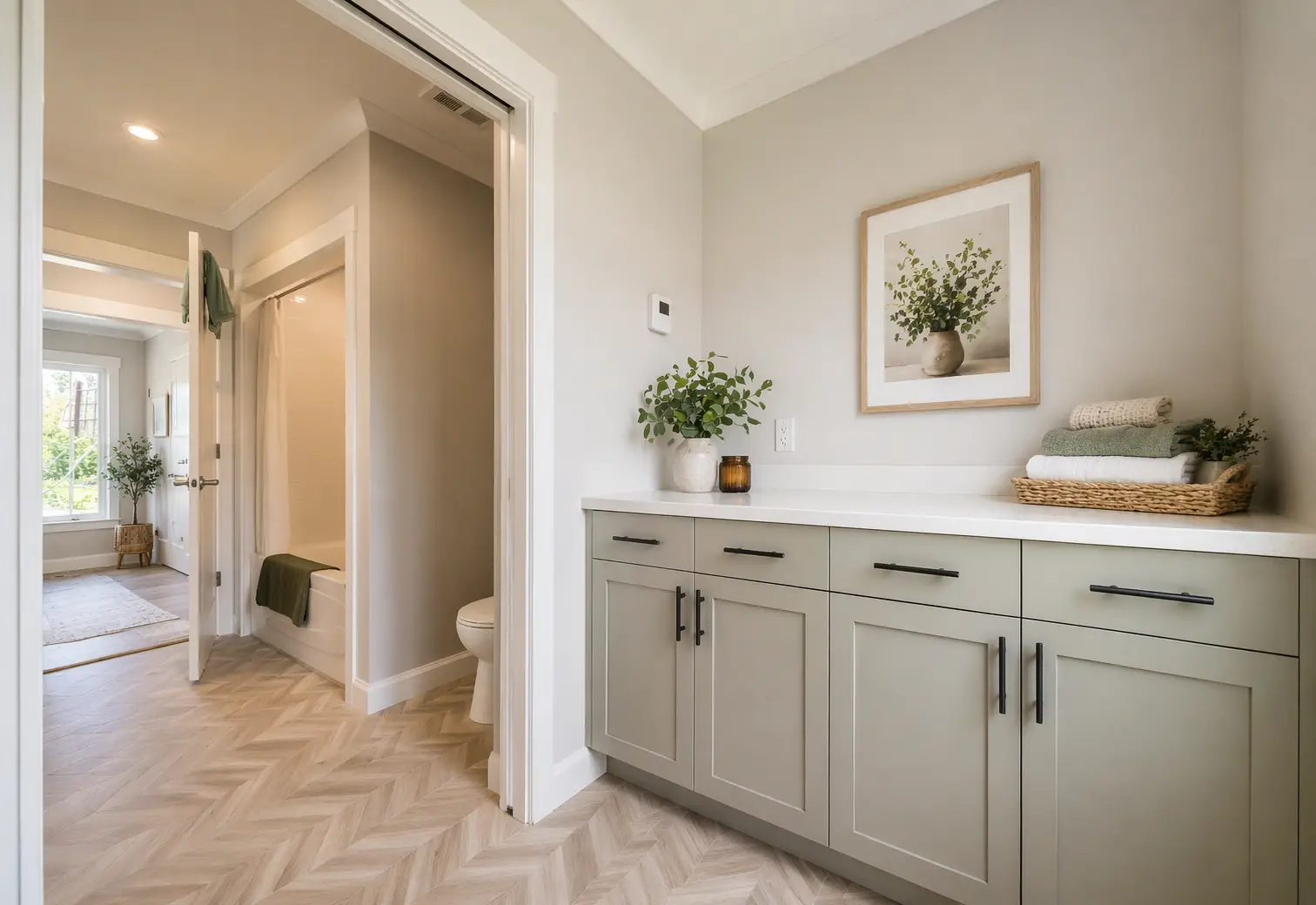 Built-in hallway storage cabinet with shaker-style doors, quartz countertop, decorative accents, and access to nearby bathroom and bedrooms. 