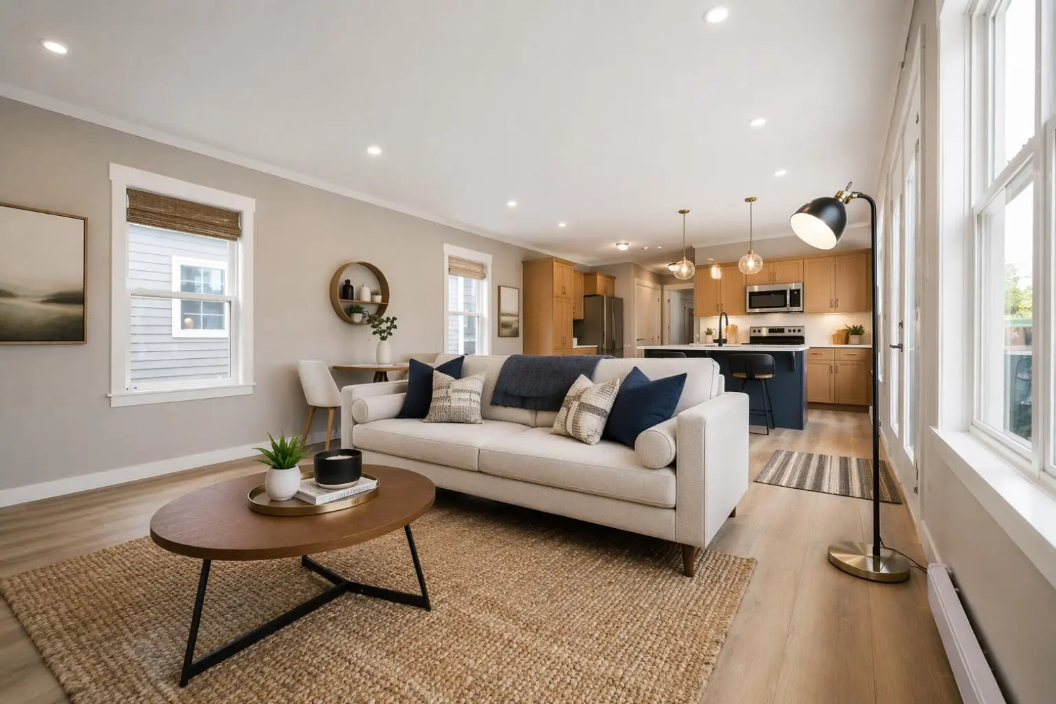 Spacious living room with neutral furnishings, jute area rug, round coffee table, and views into the kitchen and dining area. 