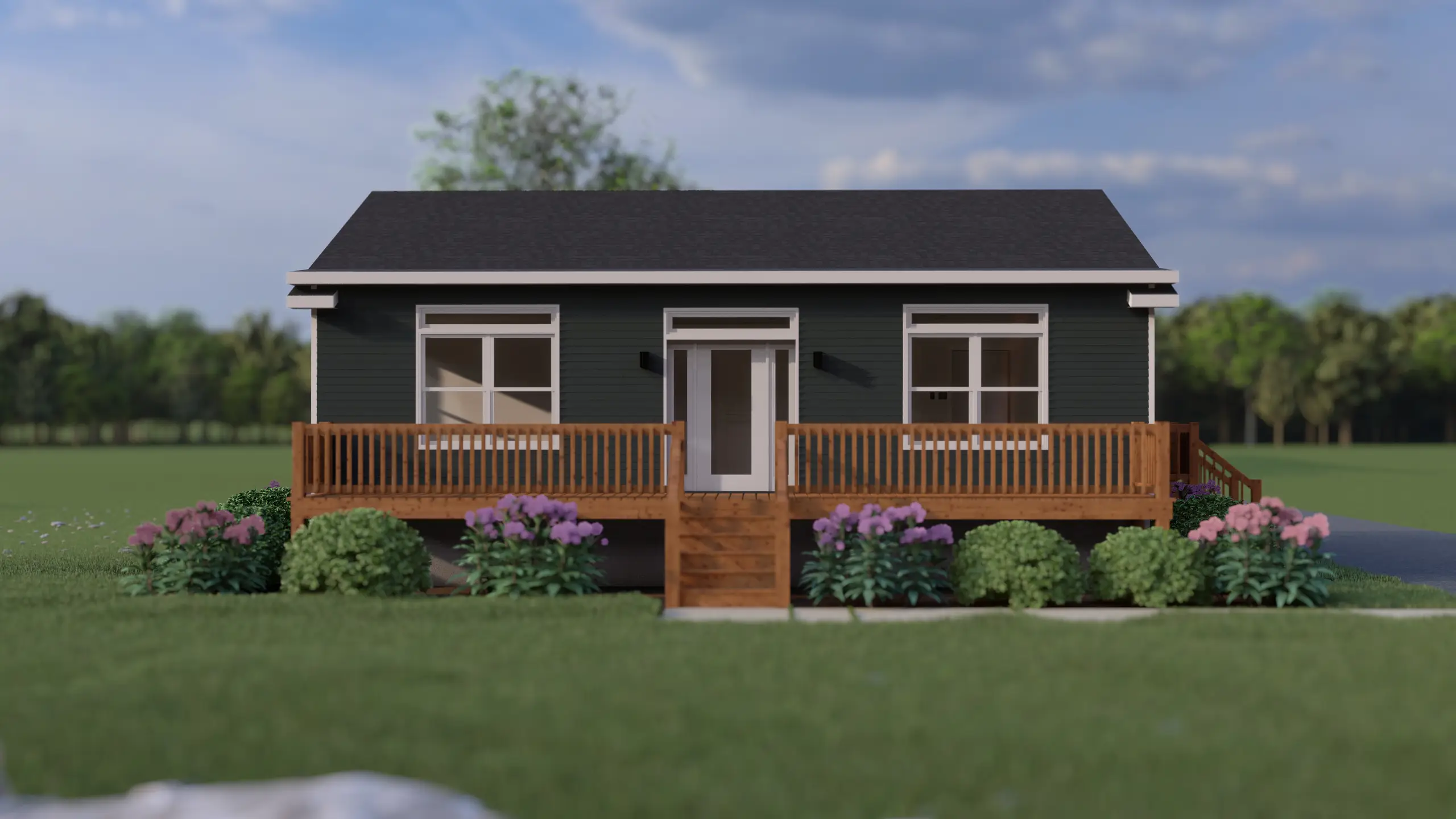 Front view of a modern bungalow showcasing a full-width wood deck, central patio door, symmetrical windows, and foundation landscaping. 