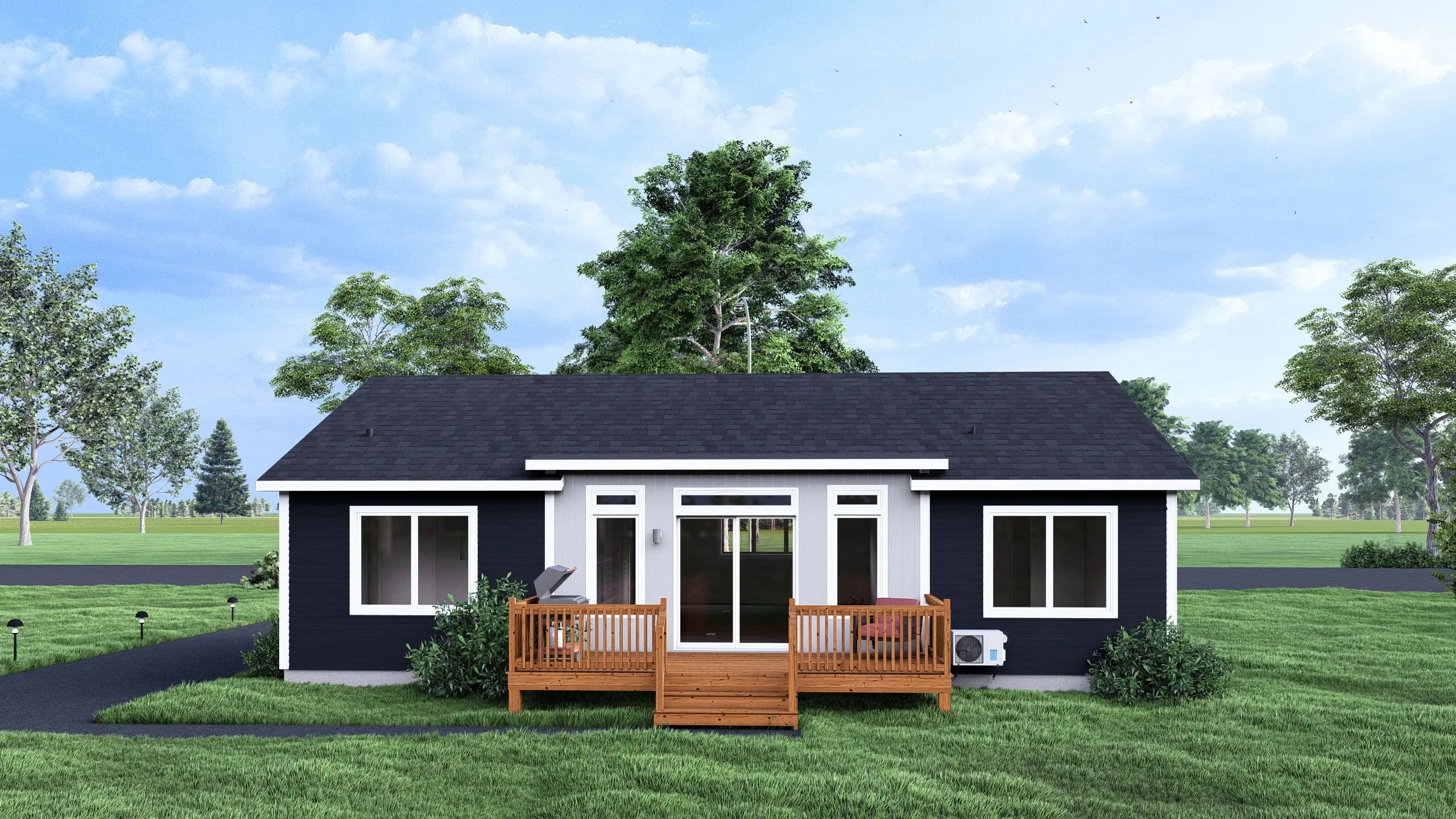 Back exterior of a modern bungalow featuring a central deck, patio door, large picture windows, and a landscaped backyard setting. 