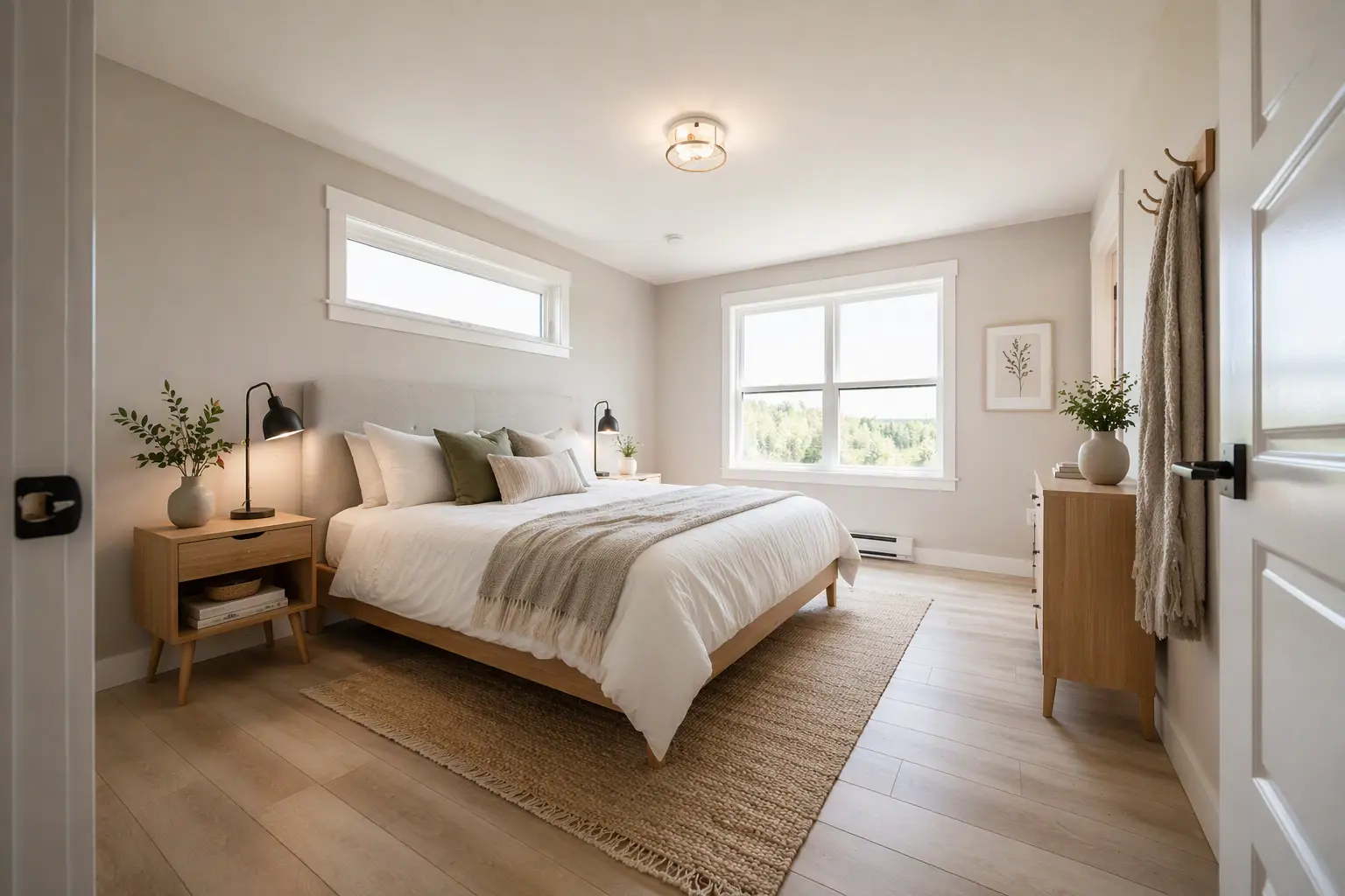 Bright bedroom with a double bed, white bedding, and neutral décor, featuring wood nightstands with lamps, a large window and clerestory window for natural light, and a textured area rug on light wood flooring. 