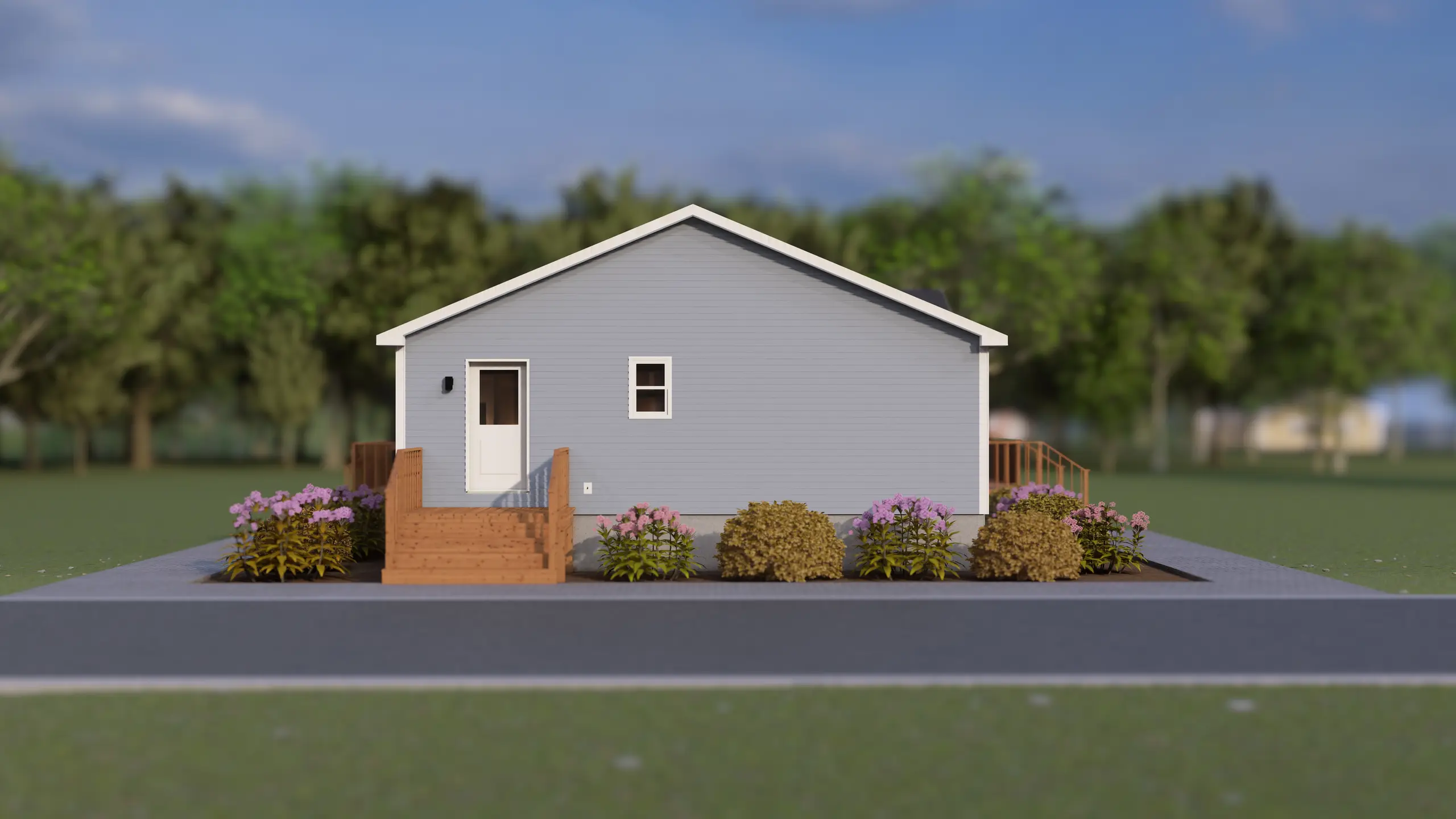 Side elevation of a modern bungalow featuring a secondary entrance, wood steps, low-maintenance siding, and colourful landscaping. 