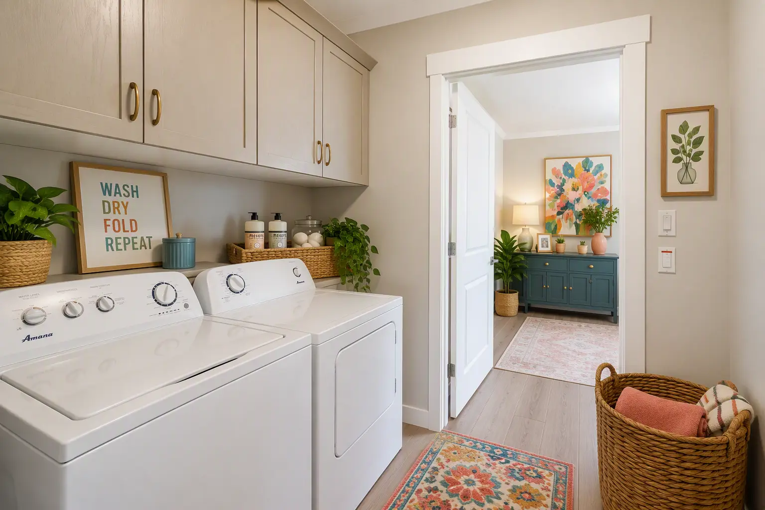 Styled laundry room featuring upper storage cabinets, front-load washer and dryer, woven baskets, plants, and colourful accent décor. 
