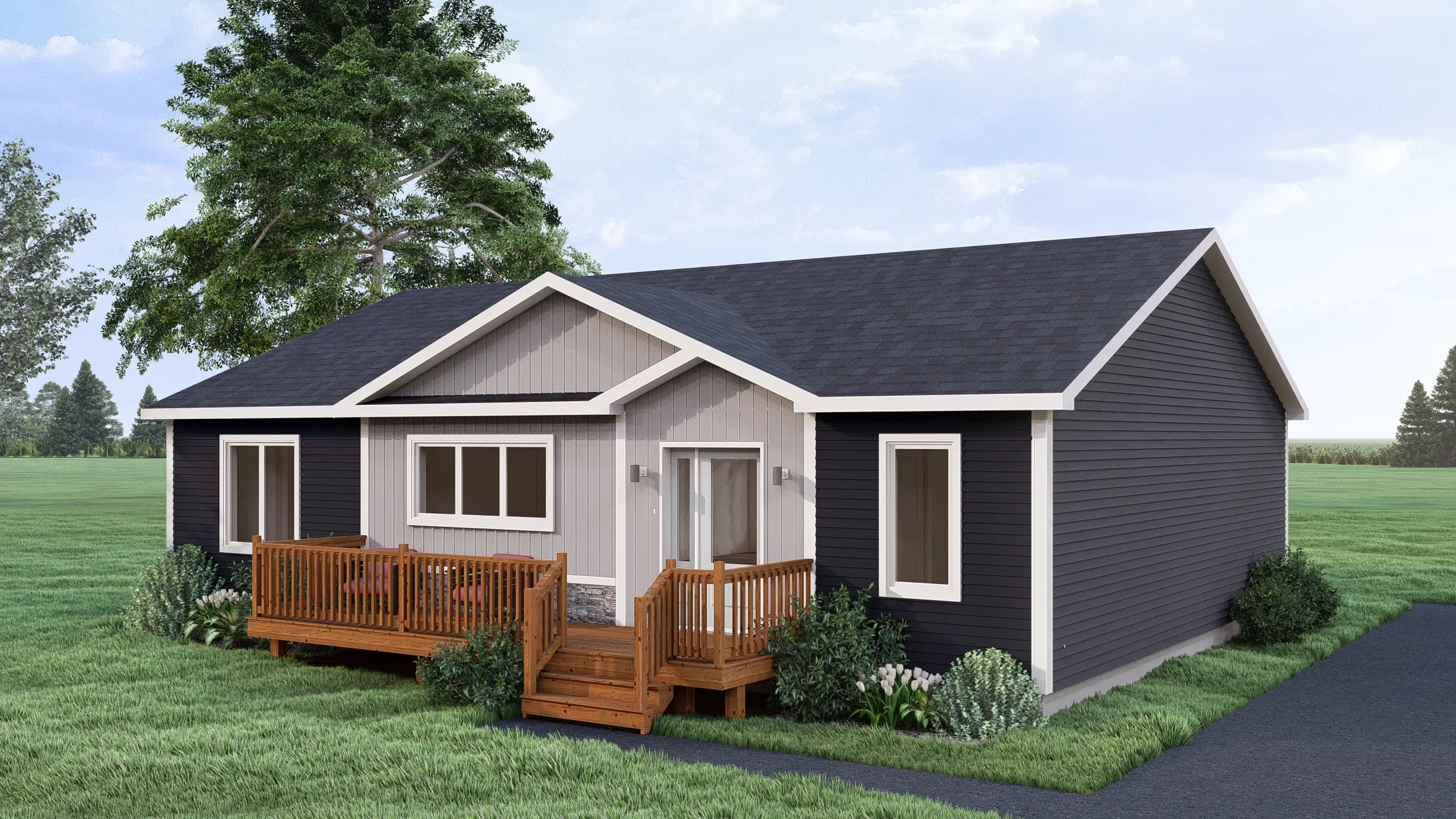 Front corner view of a modern bungalow featuring a welcoming deck, large windows, low-maintenance exterior finishes, and neatly landscaped shrubs. 