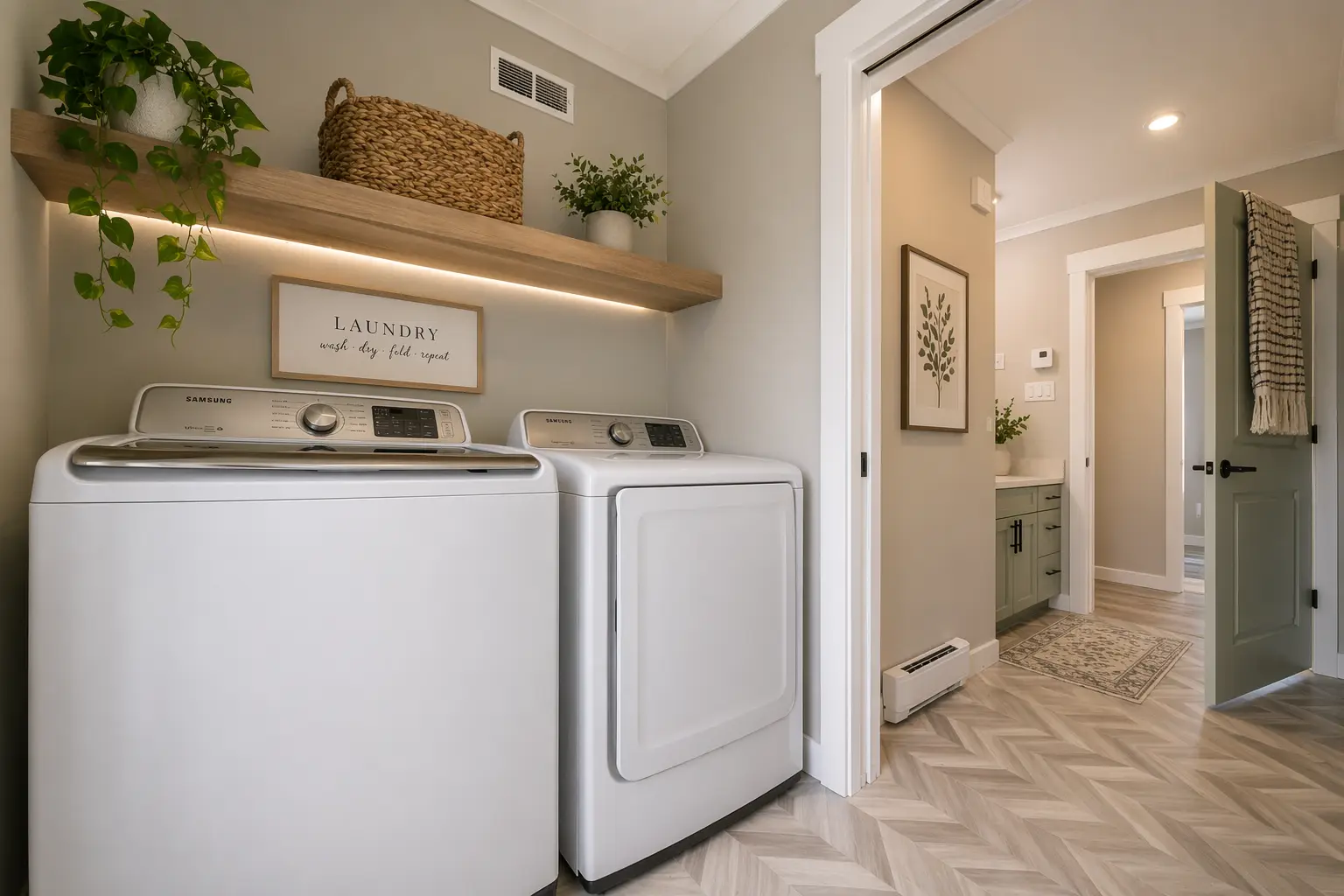 Bright laundry space with side-by-side washer and dryer, floating wood shelf, decorative greenery, and herringbone-style flooring. 