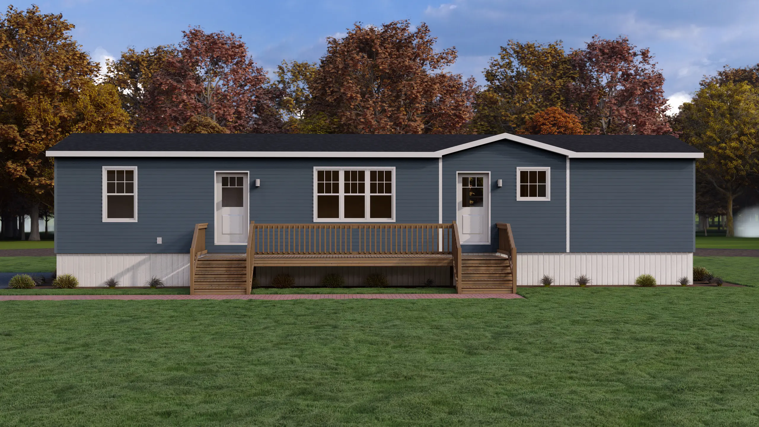Front elevation of a modern modular home with blue siding, a full-width central deck, large picture window, and two separate entrances. 