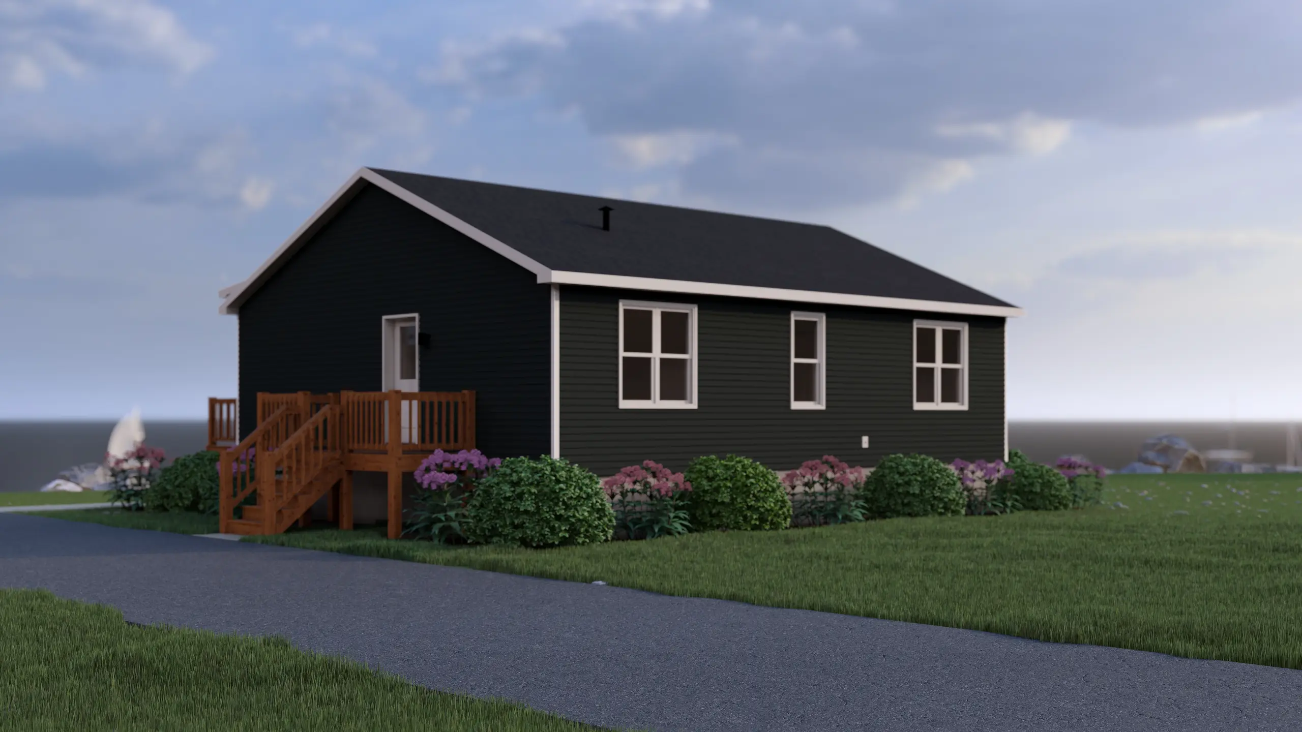 Side view of a contemporary bungalow with dark exterior siding, white trim, wood entry stairs, and landscaped shrubs and flowering plants. 