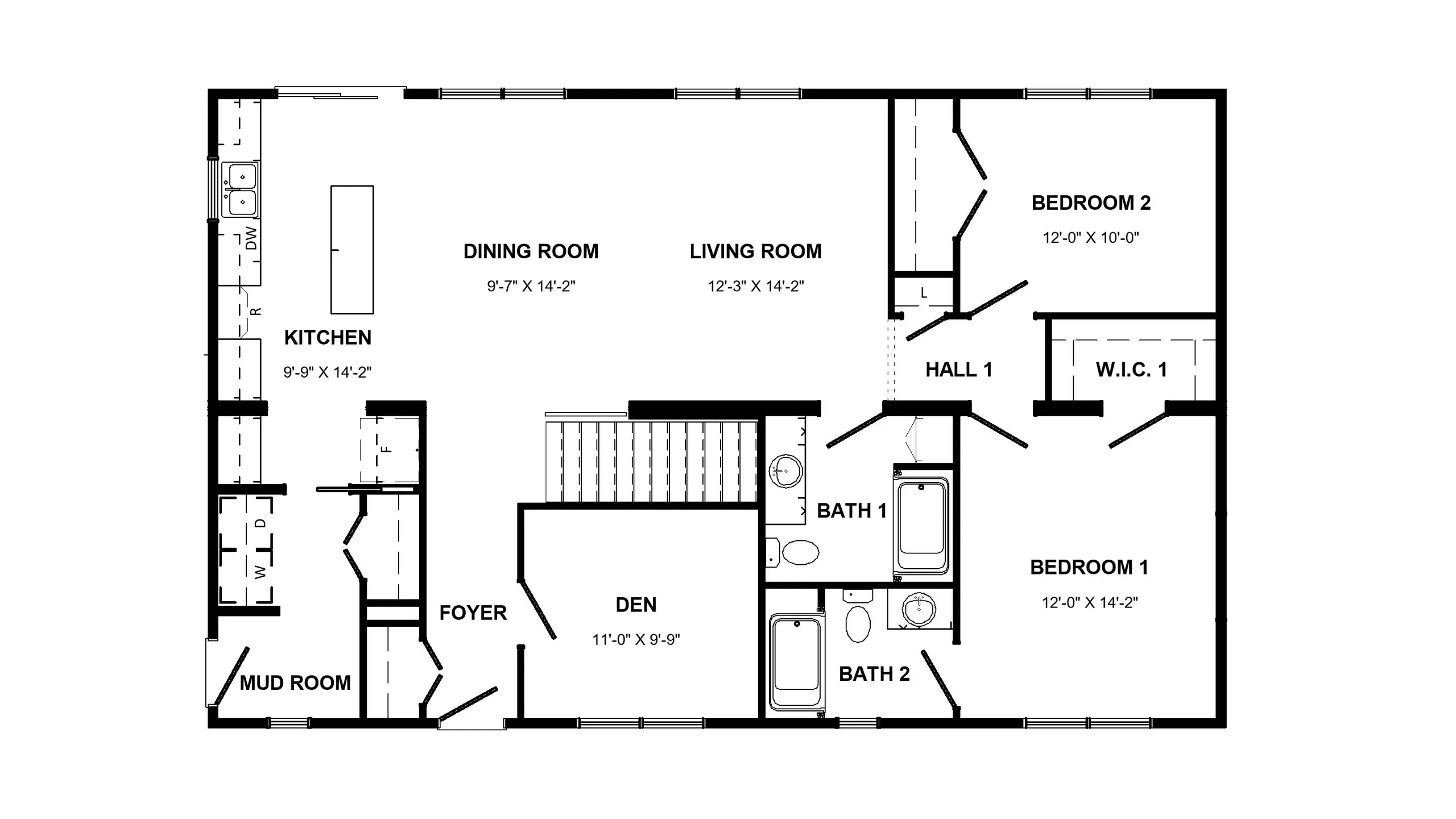 Floor plan of the Flare modular home, including designated space for a basement stairwell. 