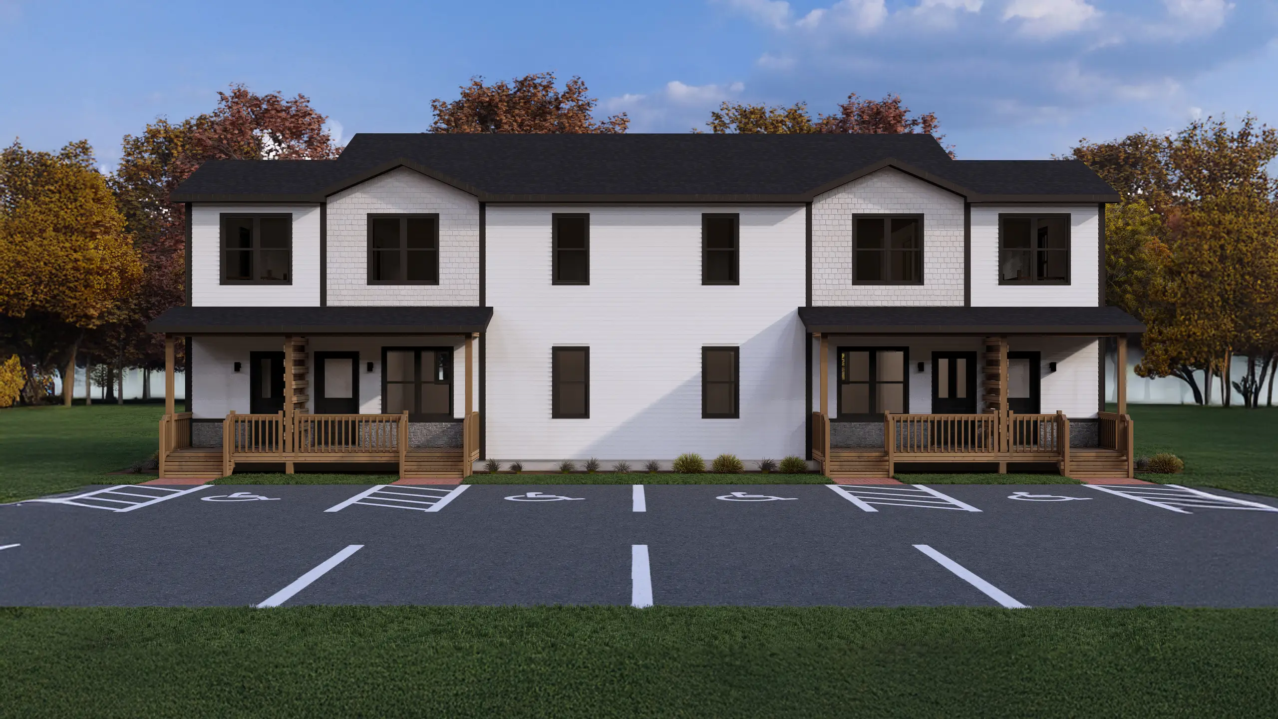 Front elevation of a modern four-unit residential building featuring covered porches, private entrances, accessible parking spaces, and landscaped grounds. 