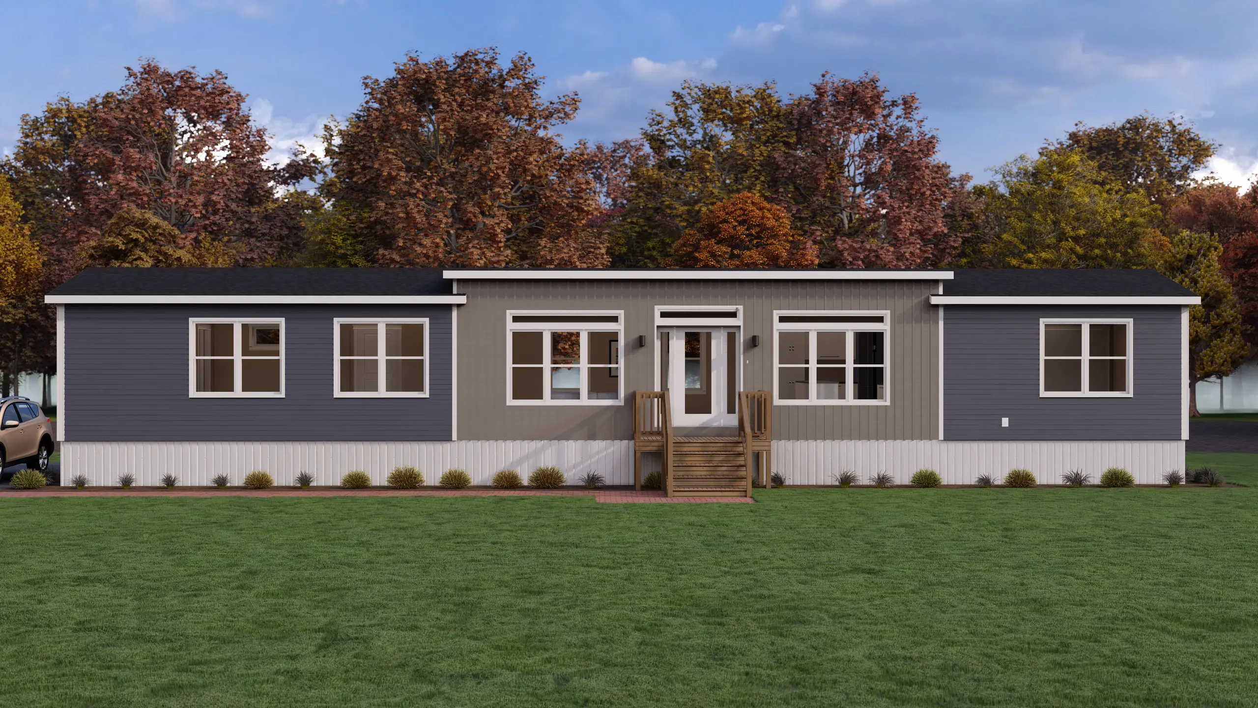 Front façade of a modern mini home showcasing large windows, contrasting exterior finishes, elevated deck, and landscaped walkway. 
